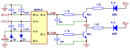 基于MSP430F449內(nèi)嵌溫度傳感器的溫度告警系統(tǒng)原理圖