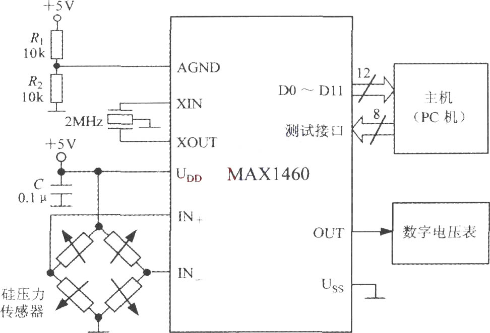 MAX1460和硅壓力傳感器構(gòu)成的壓力檢測系統(tǒng)電路圖